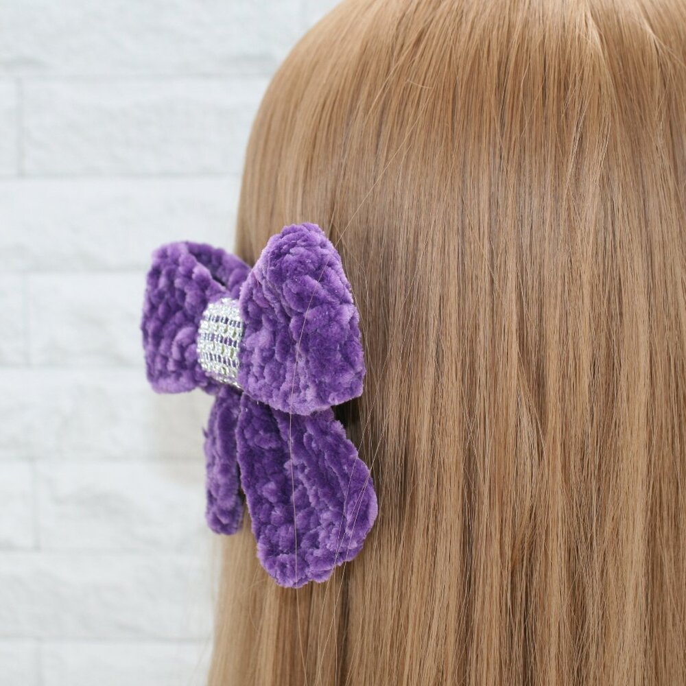 HAND CRAFTED Crochet Bow Chenille Velvet Hair Barrette Oversized Bling Purple - Picture 4 of 15